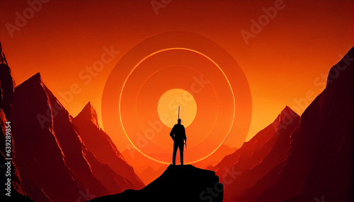 Silhouette of a person on the mountain, in sunset or dawn sky, Business goals achievement, Ai generated image photo