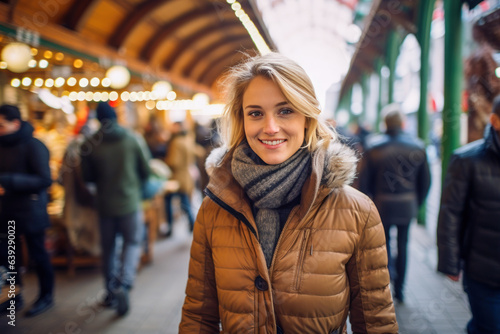 Smiling young lady dressed in a coat, scarf, and cap standing in a festive marketplace © Sachin