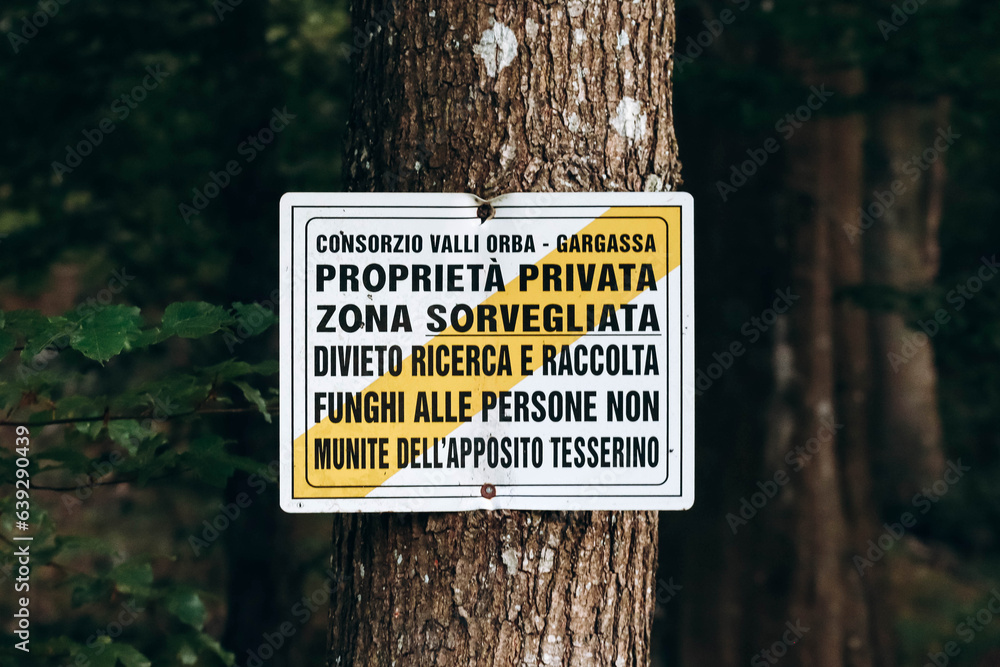 Acquabianca, Italy - August 5, 2023: Information sign in Italy, informing that this is a private property area
