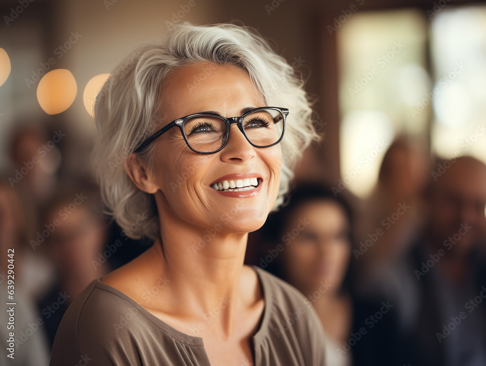 Mature blond female delegate speaker while standing by tribune at forum or conference, at the seminar. Design ai Mature blond female delegate speaker while standing by tribune at forum or conference, at the seminar. Design ai