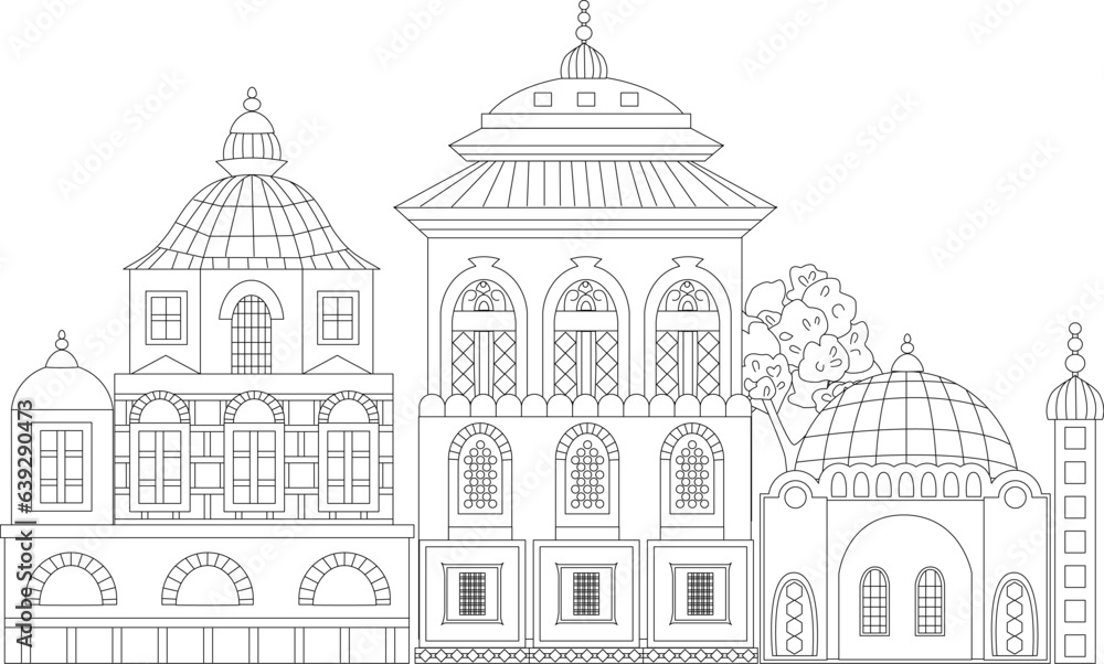 coloring book page for adult and children. cityscape with europe