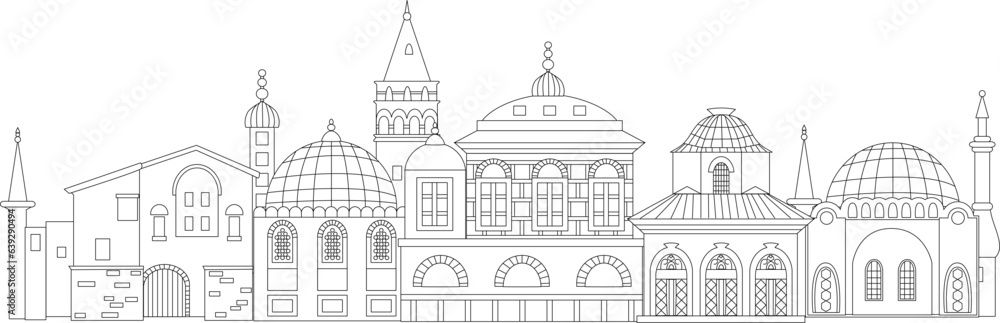outlined cityscape with European buildings, a temple with a dome