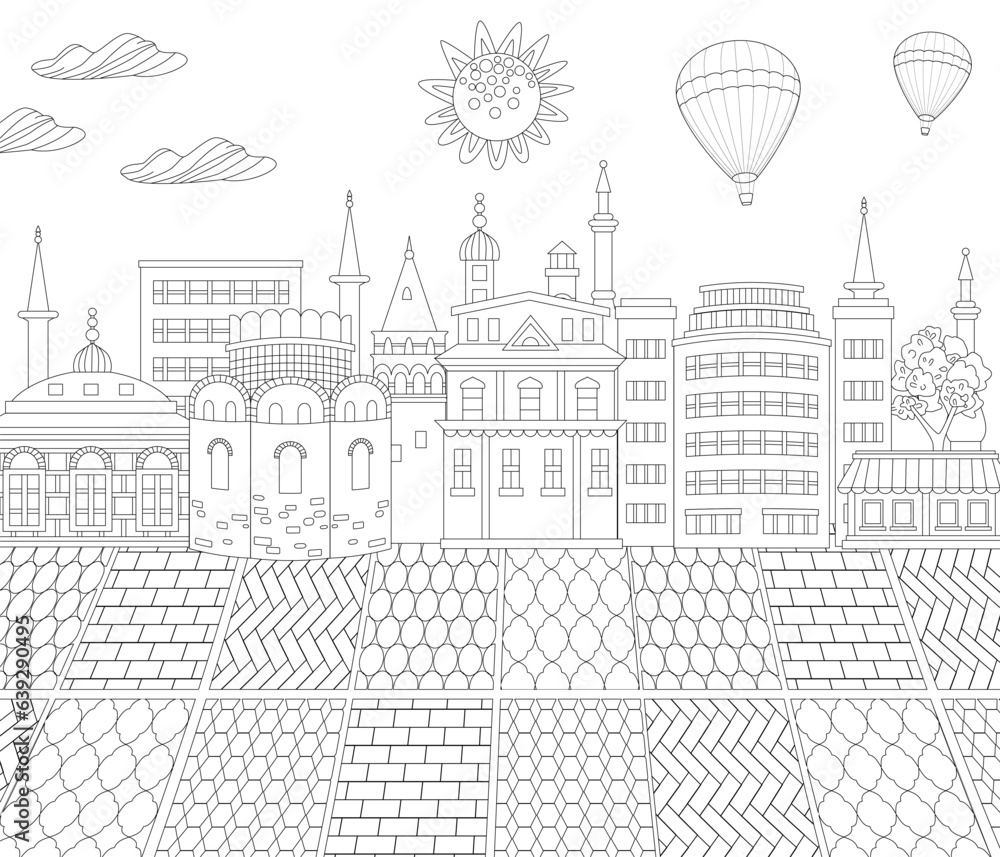 coloring book page for adult and children with hot air balloons