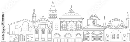 outlined cityscape with European buildings  a temple with a dome
