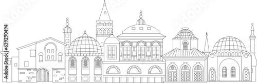 outlined cityscape with European buildings, a temple with a dome