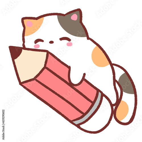 Calico cat with a peach colored pencil