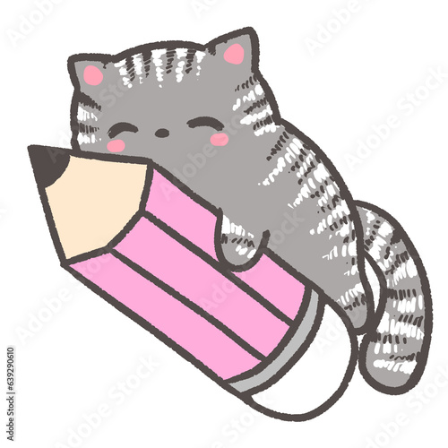 Tabby cat with a pink pencil