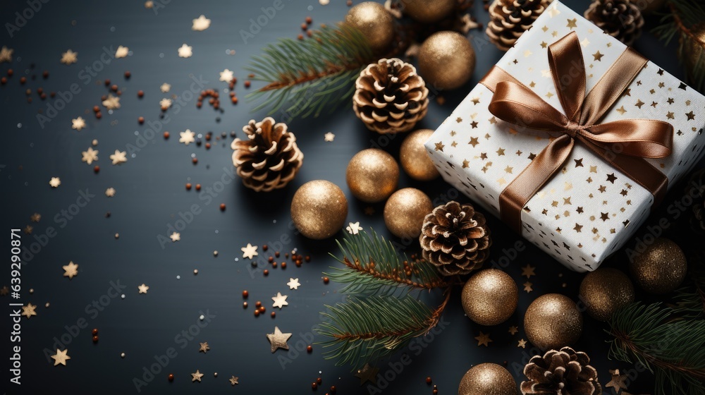 Holiday background for Christmas and New Year. Xmas greeting card. Christmas gifts on beautiful background top view. Noel. Flat lay Holiday background for Christmas and New Year. Xmas greeting card. Christmas gifts on beautiful background top view. Noel. Flat lay