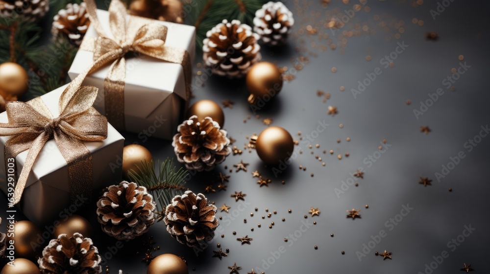 Holiday background for Christmas and New Year. Xmas greeting card. Christmas gifts on beautiful background top view. Noel. Flat lay Holiday background for Christmas and New Year. Xmas greeting card. Christmas gifts on beautiful background top view. Noel. Flat lay
