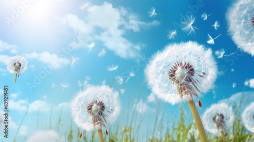 Beautiful puffy dandelions and flying seeds against blue sky on sunny day  sunny spring summer background