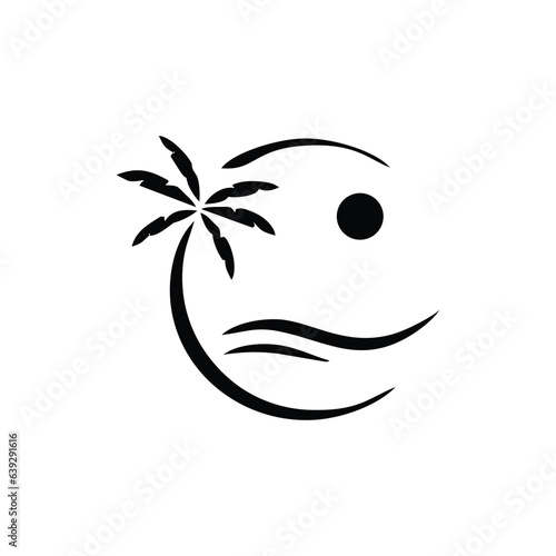 beach and palm tree logo on tropical island monoline style design
