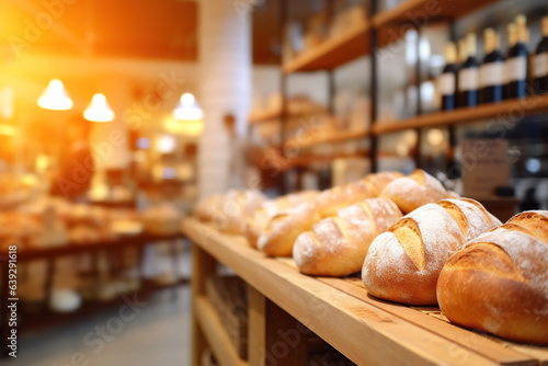 Blurred bakery shop in wholesale store with fresh baked bread on wooden shelf
