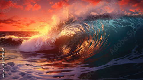 Rough colored ocean wave falling down at sunset time