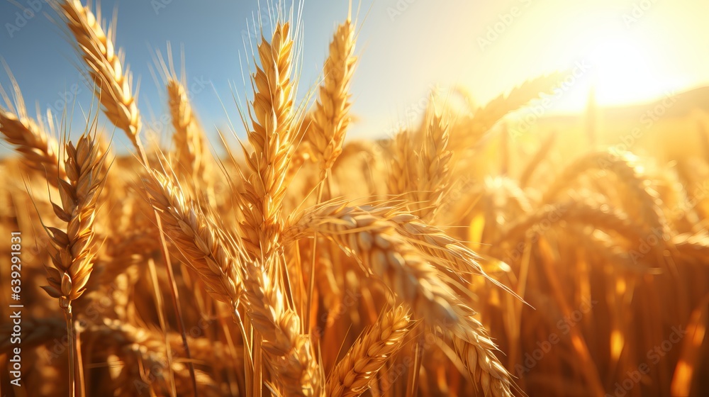 Wheat field. Ears of golden wheat close up. Beautiful Nature Sunset Landscape. Rural Scenery under Shining Sunlight. Background of ripening ears of meadow wheat field. Rich harvest Concept Wheat field. Ears of golden wheat close up. Beautiful Nature Sunset Landscape. Rural Scenery under Shining Sunlight. Background of ripening ears of meadow wheat field. Rich harvest Concept