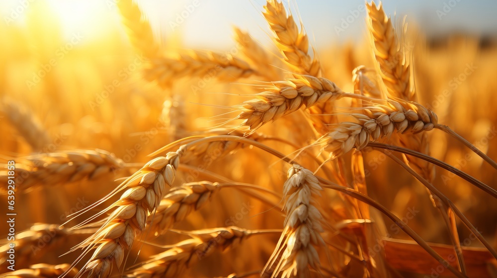 Wheat field. Ears of golden wheat close up. Beautiful Nature Sunset Landscape. Rural Scenery under Shining Sunlight. Background of ripening ears of meadow wheat field. Rich harvest Concept