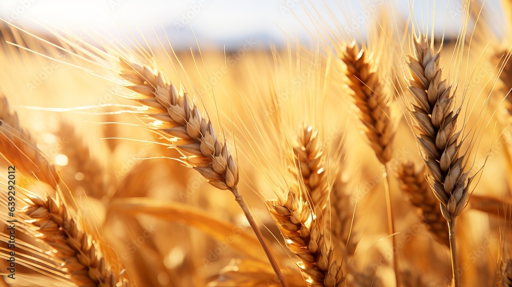 Wheat field. Ears of golden wheat close up. Beautiful Nature Sunset Landscape. Rural Scenery under Shining Sunlight. Background of ripening ears of meadow wheat field. Rich harvest Concept Wheat field. Ears of golden wheat close up. Beautiful Nature Sunset Landscape. Rural Scenery under Shining Sunlight. Background of ripening ears of meadow wheat field. Rich harvest Concept
