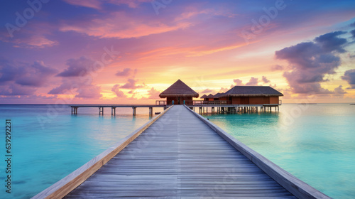 Sunset on Maldives island, luxury water villas resort and wooden pier. Beautiful sky and clouds and beach background for summer vacation holiday and travel concept © Sasint