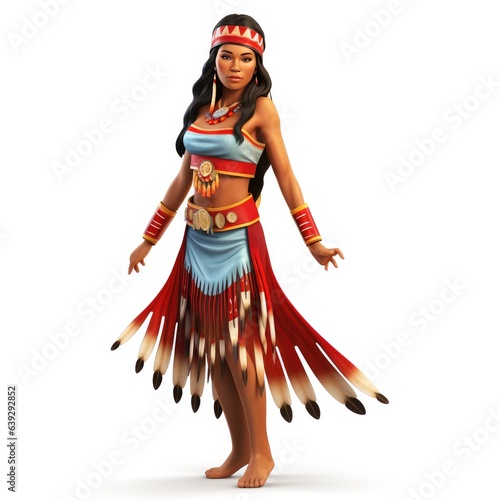 Indigenous woman in traditional clothes costume on white background. Cartoon 3d style clipart of tribal native america people. 