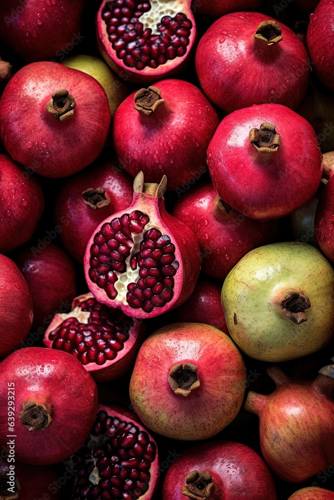 Realistic photo of a bunch of pomegranates. top view fruit scenery Realistic photo of a bunch of pomegranates. top view fruit scenery