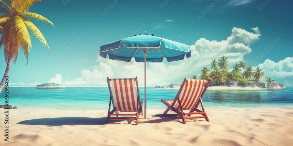 Vacation holidays background wallpaper, two beach lounge chairs under tent on beach. Beach chairs, umbrella and palms on the beach. Tropical Holiday Banner - obrazy, fototapety, plakaty 