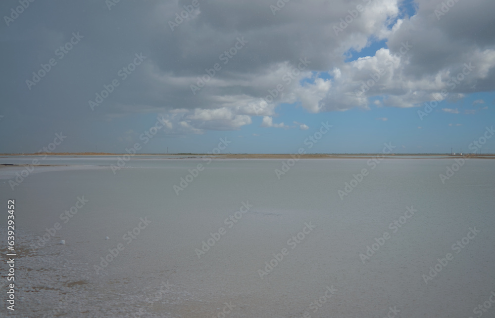 Manaure, Colombia - January 2 2023: Landscape of Manaure salt mines in La Guajira, Colombia Manaure, Colombia - January 2 2023: Landscape of Manaure salt mines in La Guajira, Colombia