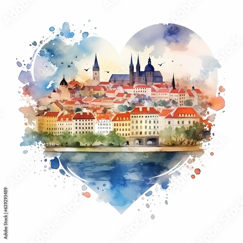 Watercolor landscape of Prague  capital city of Czech republic inside heart.