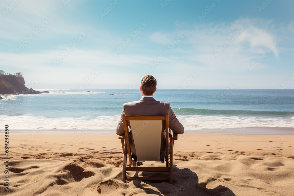 Businessman in suit sitting on the sand on the beach looking at the sea. Back to work and end of summer vacation concept