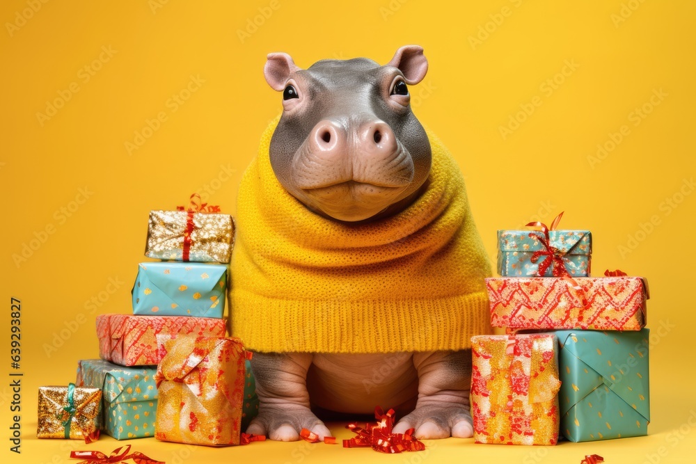 cute baby hippo with christmas gift boxes on yellow background