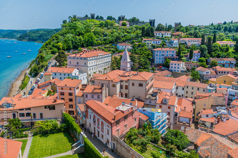 A view west from the cathedral tower in the town of Piran, Slovenia in summertime