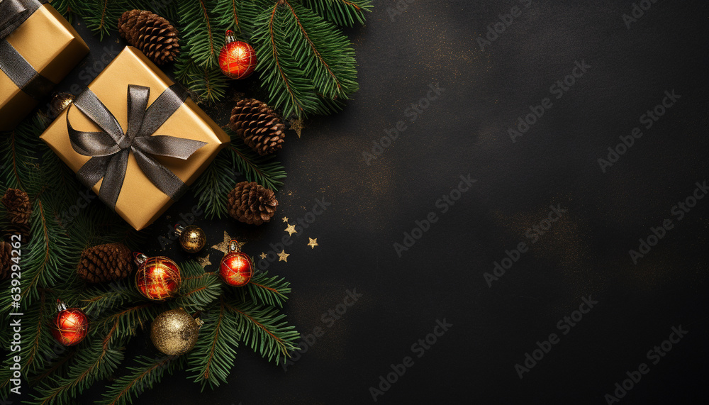 Christmas decorations , pine leaves and Gifts box , topview , AI generated Christmas decorations , pine leaves and Gifts box , topview , AI generated