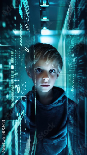 Generative AI, the child looks at the holographic transparent 3D screen of the future, the boy is a programmer in virtual reality, artificial intelligence, computer technology, neon, space for text © Julia Zarubina