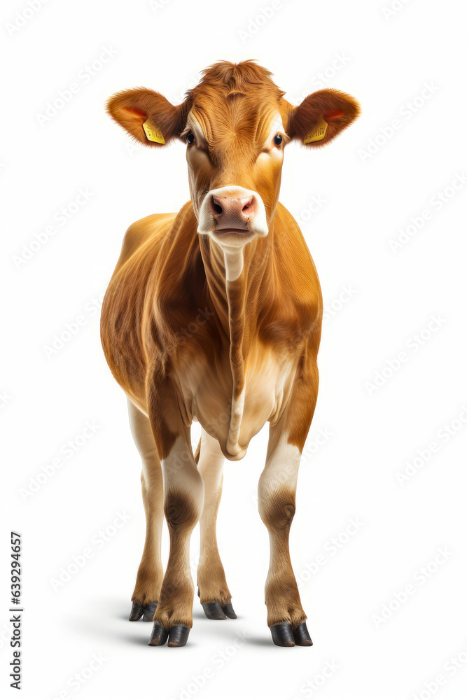 Brown cow with horns standing in front of white background. Brown cow with horns standing in front of white background.