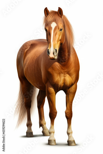 Brown horse standing next to white background.