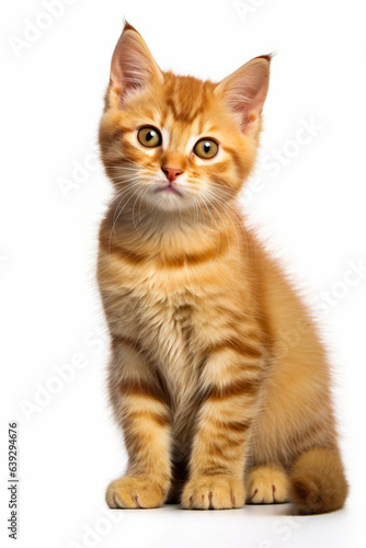Small orange kitten sitting on top of white floor next to white wall.