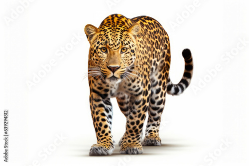 Leopard is walking on white background with shadow of its head.