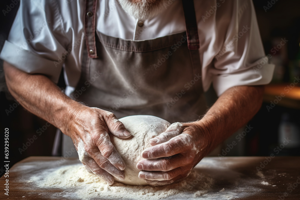 Senior man close-up hands making fresh bread or pizza with dough in the kitchen of his home, traditional homemade food