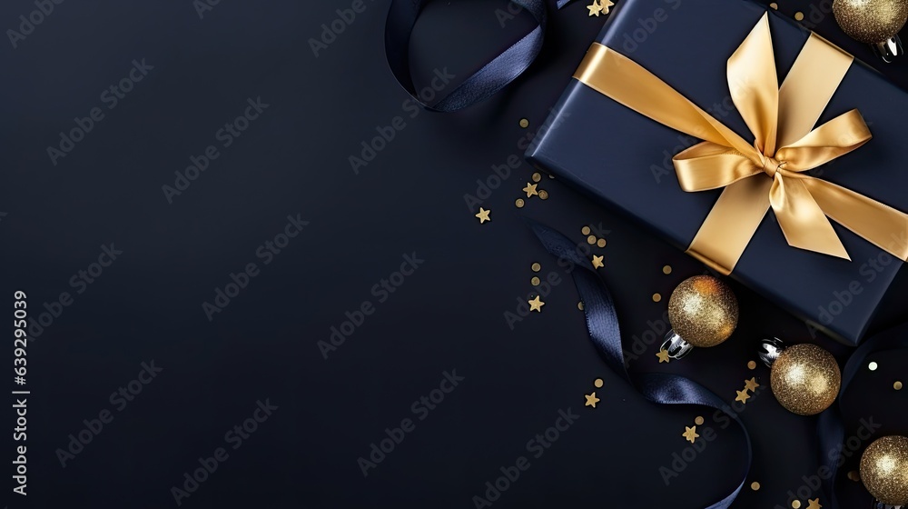 One gift wrapped in dark paper with luxury bow on dark background with stars Christmas banner - obrazy, fototapety, plakaty 