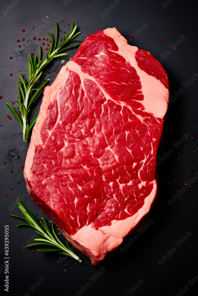Piece of raw meat with rosemary on black background with water drops.