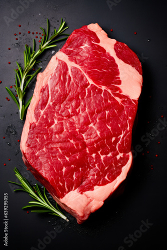 Piece of raw meat with rosemary on black background with water drops.