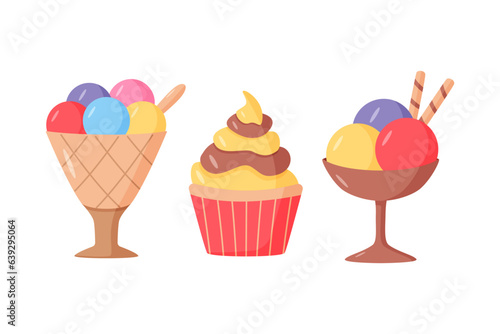 Ice cream set in creamers and baskets cartoon style. Vector color illustration of summer refreshing desserts. Icons for the cafe restaurant menu.