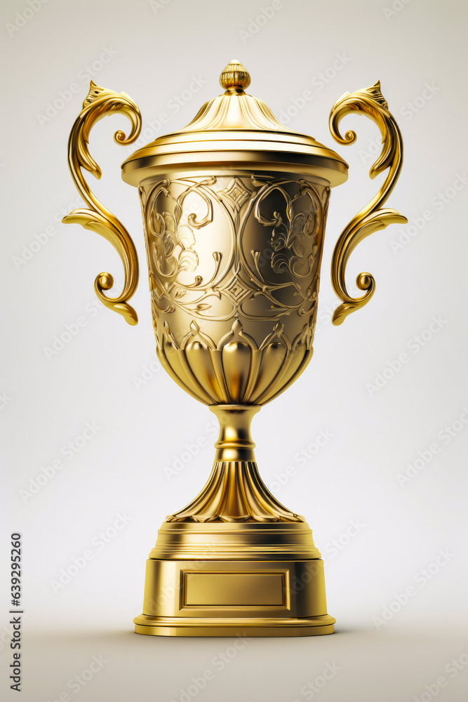 Golden trophy with plaque on it's side and clock on the side. Golden trophy with plaque on it's side and clock on the side.