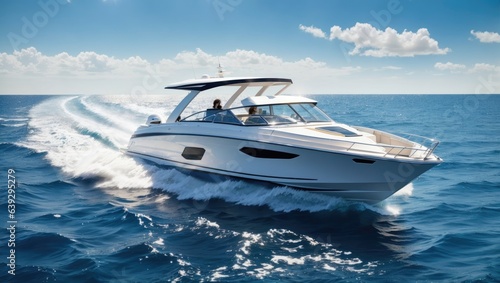 "Gleaming Adventure: Luxurious Motor Boat Slicing through Azure Waters"