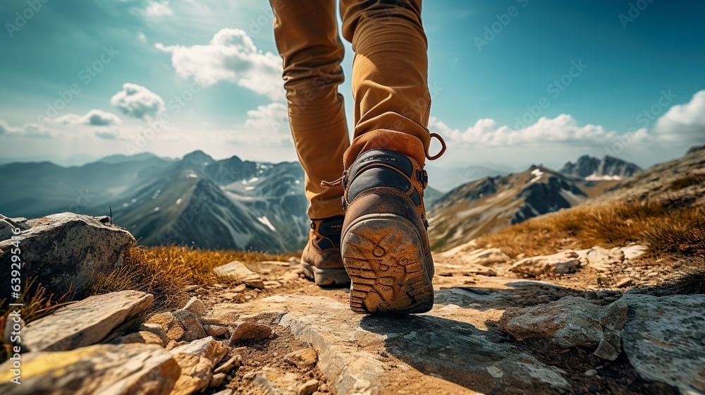 Hiker's POV: Trail Boots & The Adventure Ahead, generative Ai - obrazy, fototapety, plakaty 