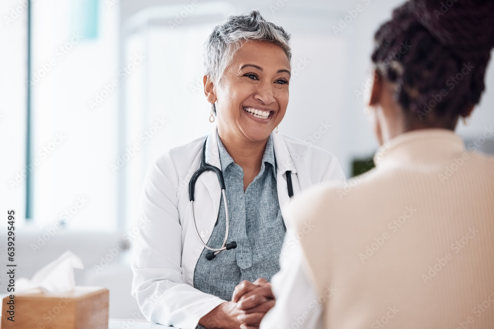 © Talia Mdlungu/peopleimages.com - Happy, mature or doctor consulting a patient in meeting in hospital for healthcare help, feedback or support. People, medical or nurse with black woman talking or speaking of test results or advice