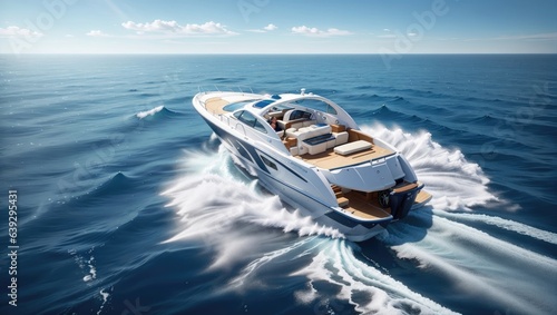 "Gleaming Adventure: Luxurious Motor Boat Slicing through Azure Waters"