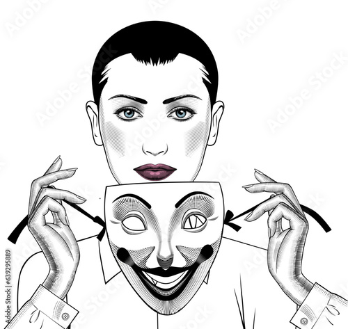 A beautiful woman puts on a theatrical laughing mask. The concept is to hide your true face. Vector illustration