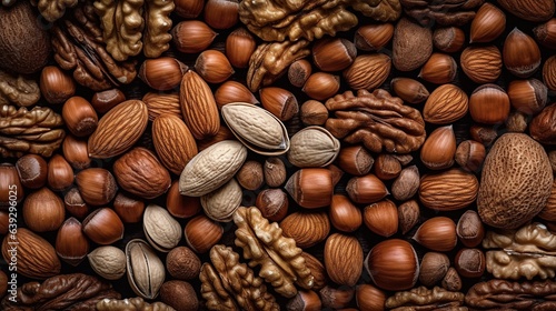 Realistic photo of different kind of nuts. top view nuts scenery photo