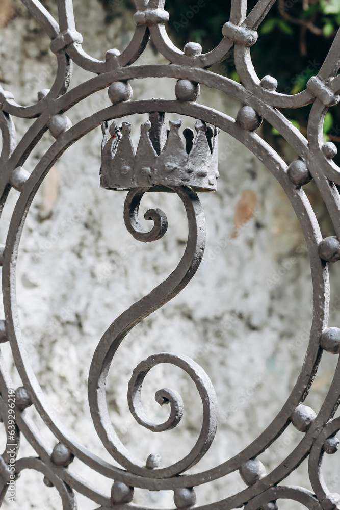Wrought iron fence lattice with the image of the crown