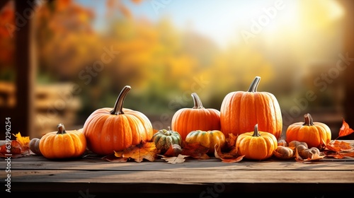 Pumpkins with fall leaves over wooden background.