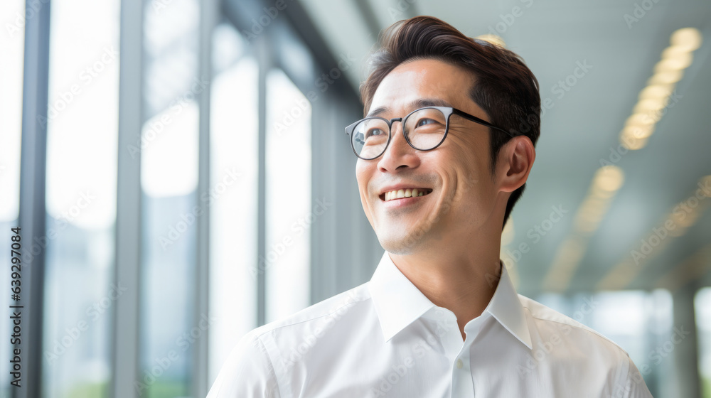 Handsome 45 years old gentle Korean man, wearing glasses, formal slick hairstyle, smooth beardless face in a modern office building, wearing white shirt, beside a huge window Handsome 45 years old gentle Korean man, wearing glasses, formal slick hairstyle, smooth beardless face in a modern office building, wearing white shirt, beside a huge window